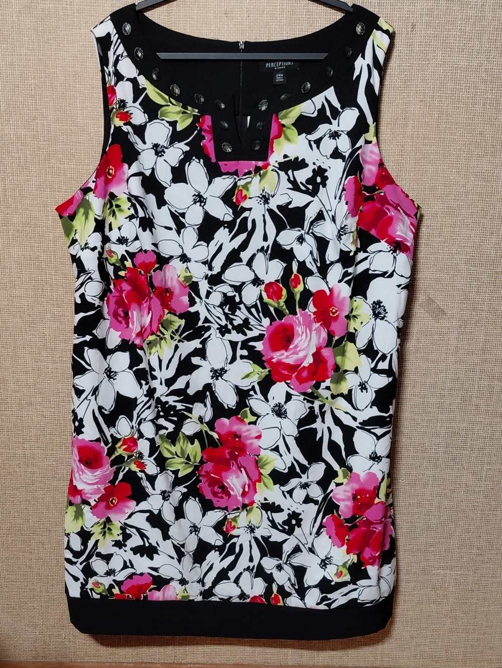 Perceptions Black Floral Midi Tank with Pink Rose Print